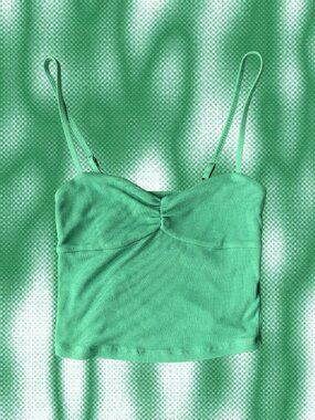Green Ribbed Cami Crop Top Ruched Front Y2K Basic